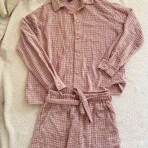 Pink and white gingham textured set featuring a button-down top and matching sho